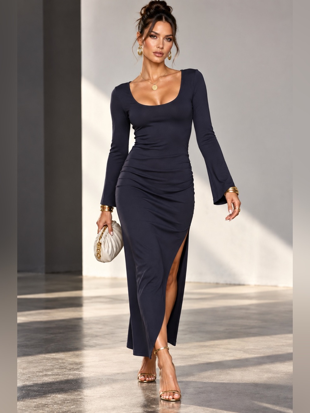 Cider Women’s M Navy Blue Ruched Bodycon Maxi Dress Long Bell Sleeve Side Slit